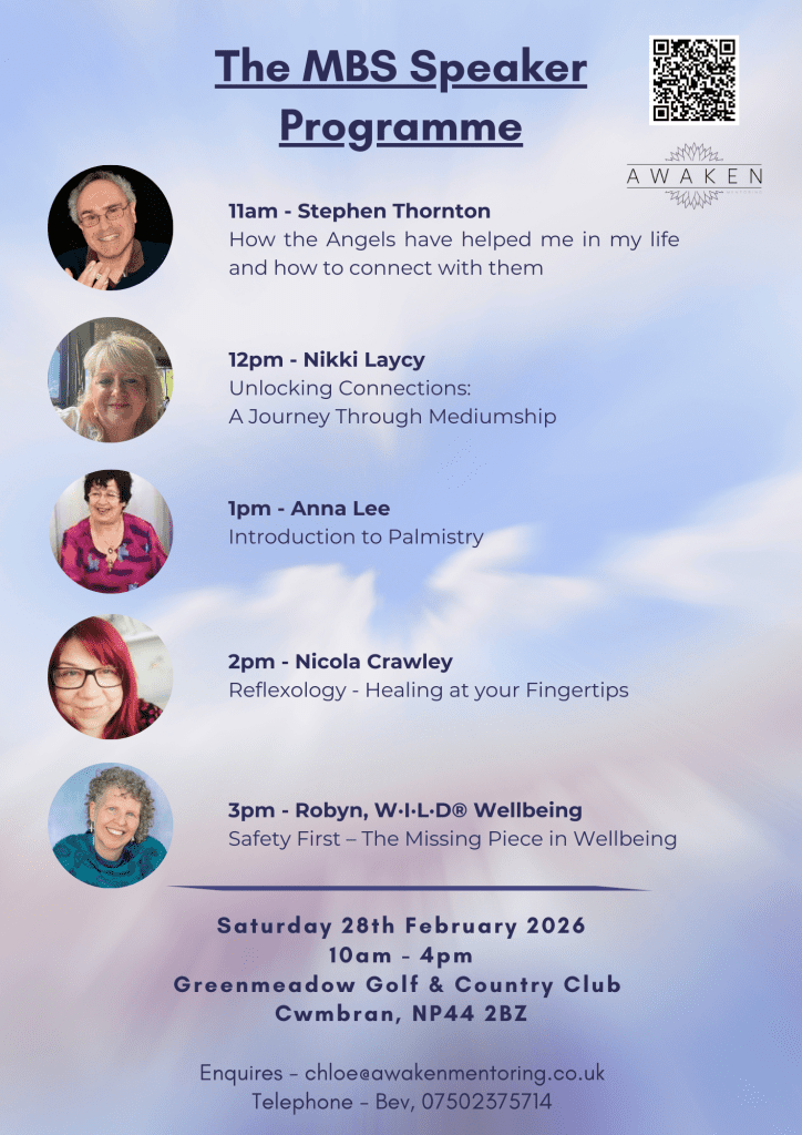11am - Stephen Thornton: Angels
12pm - Nikki Laycy: Mediumship connections
1pm - Anna Lee: Palmistry
2pm - Nicola Crawley: Reflexology
3pm - Robyn Harris: Safety for Wellbeing
